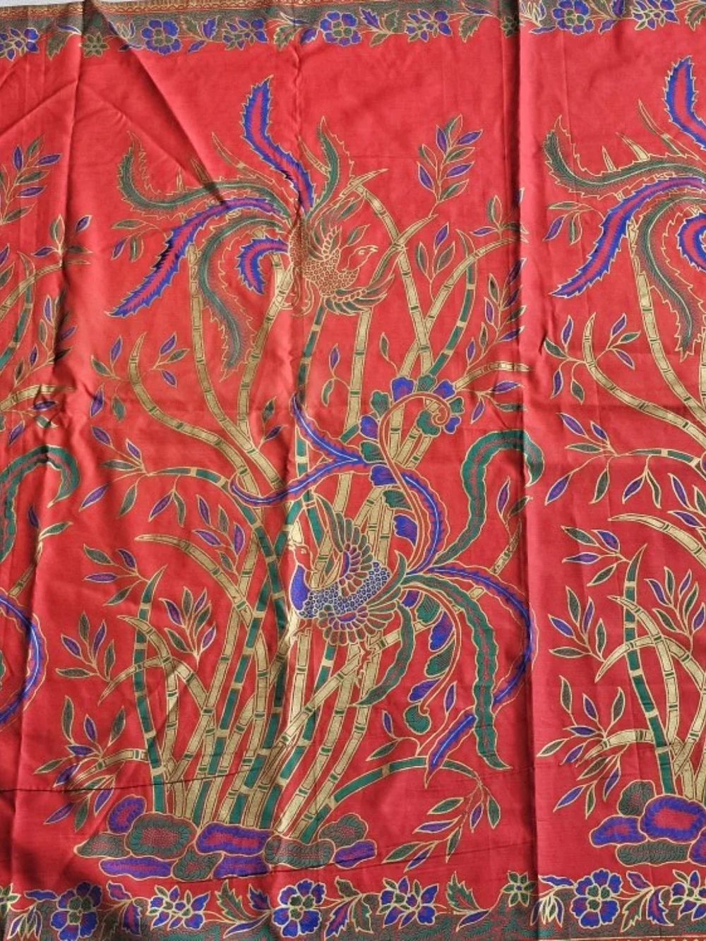 Vintage Asian Phoenix Bamboo Tablecloth Wall Hanging Red Gold 75x43 Textile